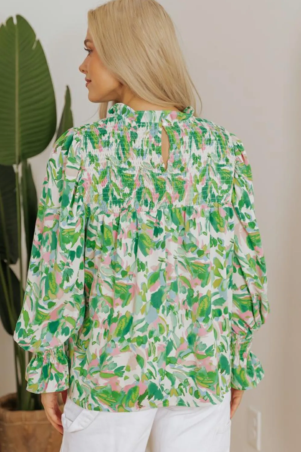 New Dear-Lover Leafy Printed Flounce Sleeve Shirred Mock Neck Blouse Green