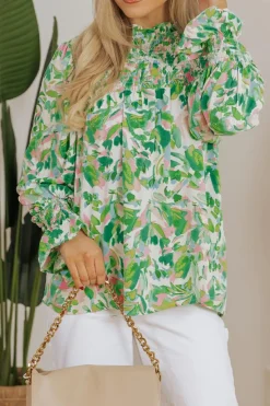 New Dear-Lover Leafy Printed Flounce Sleeve Shirred Mock Neck Blouse Green