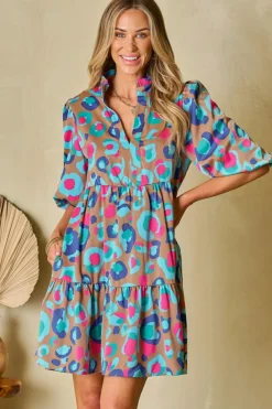 Hot Dear-Lover Leopard Print Bubble Sleeve Slit Neck Ruffled Dress Green