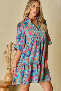 Hot Dear-Lover Leopard Print Bubble Sleeve Slit Neck Ruffled Dress Green