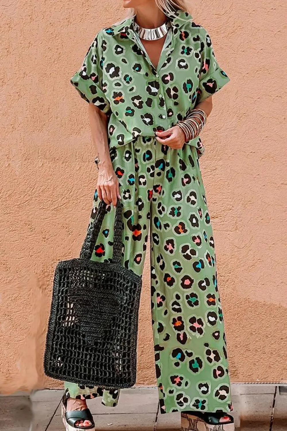 Sale Dear-Lover Leopard Print Short Sleeve Shirt and Wide Leg Pants Set Green