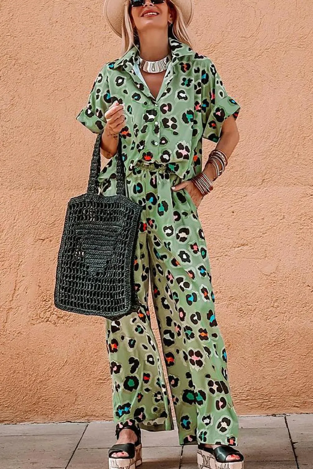 Sale Dear-Lover Leopard Print Short Sleeve Shirt and Wide Leg Pants Set Green
