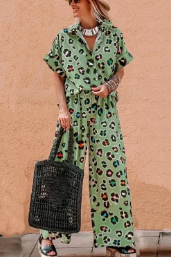 Sale Dear-Lover Leopard Print Short Sleeve Shirt and Wide Leg Pants Set Green