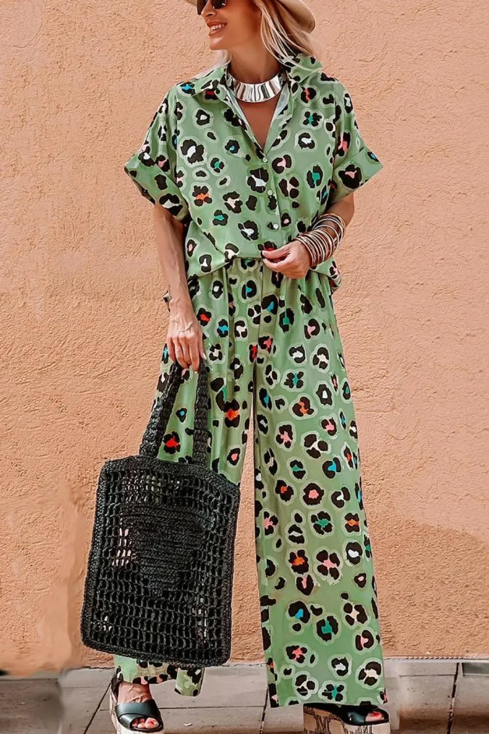 Sale Dear-Lover Leopard Print Short Sleeve Shirt and Wide Leg Pants Set Green
