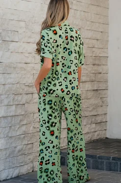 Sale Dear-Lover Leopard Print Short Sleeve Shirt and Wide Leg Pants Set Green