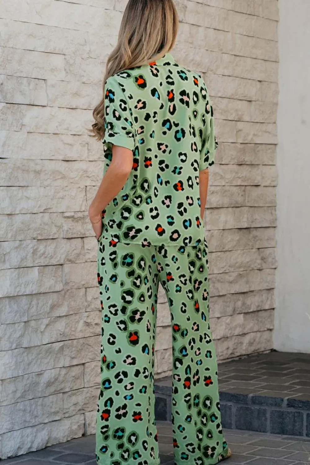 Sale Dear-Lover Leopard Print Short Sleeve Shirt and Wide Leg Pants Set Green