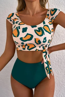 Outlet Dear-Lover Leopard Print U Neck Knotted High Waist Bikini Set Green