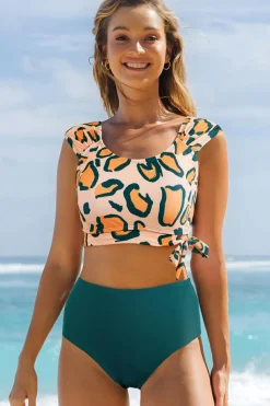 Outlet Dear-Lover Leopard Print U Neck Knotted High Waist Bikini Set Green