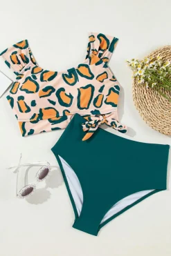 Outlet Dear-Lover Leopard Print U Neck Knotted High Waist Bikini Set Green