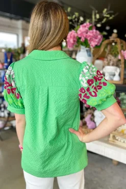 Online Dear-Lover Leopard Printed Bubble Sleeve V Neck Blouse Green