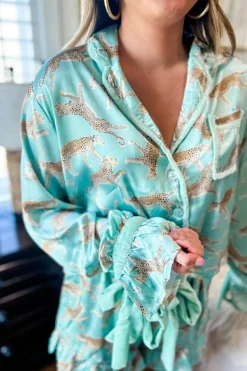 Best Dear-Lover Leopard Satin Ruffle Pajama Short Set Green