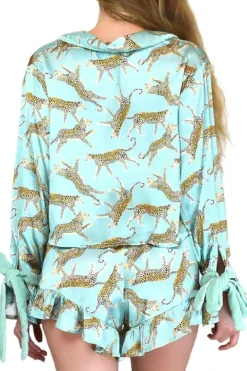 Best Dear-Lover Leopard Satin Ruffle Pajama Short Set Green