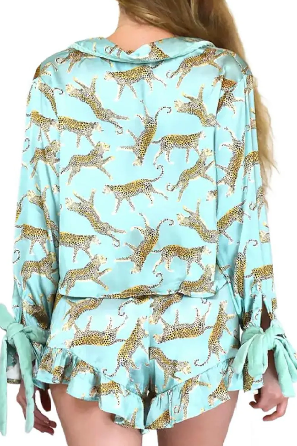 Best Dear-Lover Leopard Satin Ruffle Pajama Short Set Green