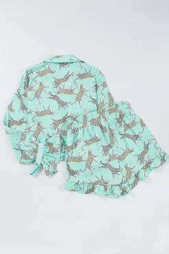 Best Dear-Lover Leopard Satin Ruffle Pajama Short Set Green