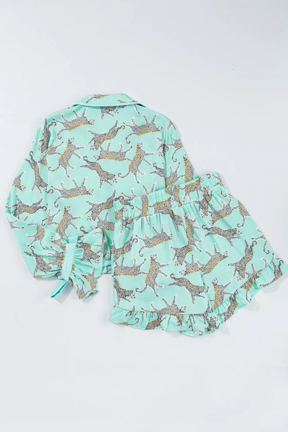 Best Dear-Lover Leopard Satin Ruffle Pajama Short Set Green