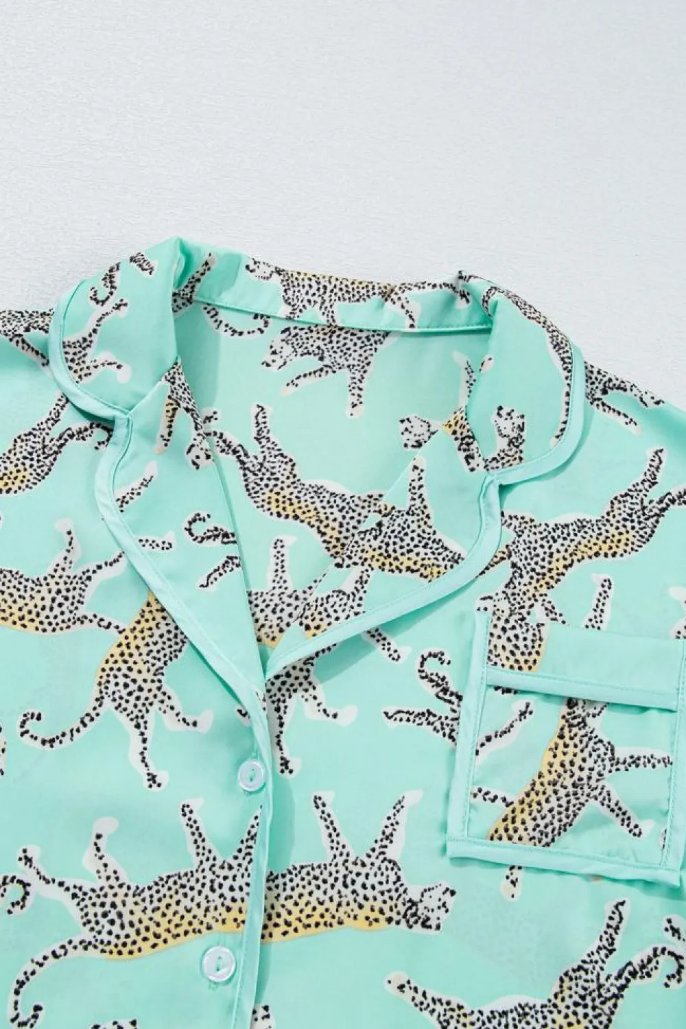 Best Dear-Lover Leopard Satin Ruffle Pajama Short Set Green