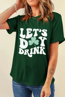 Hot Dear-Lover Lets Day Drink Clover Print Round Neck T Shirt Green