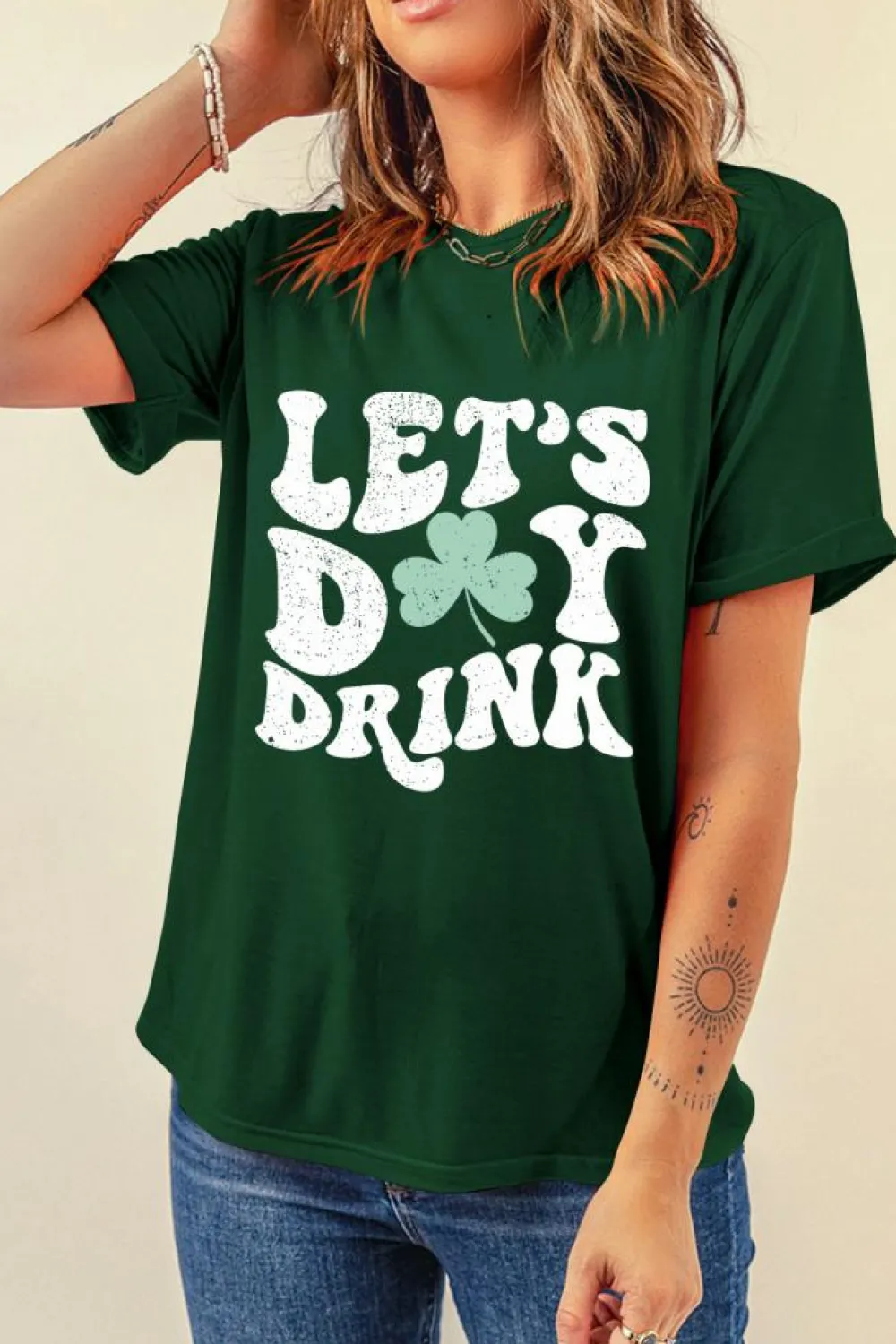 Hot Dear-Lover Lets Day Drink Clover Print Round Neck T Shirt Green