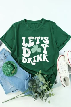 Hot Dear-Lover Lets Day Drink Clover Print Round Neck T Shirt Green