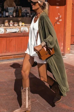 Discount Dear-Lover Lightweight Long Sleeve Open Front Duster Cardigan Green