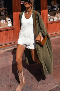 Discount Dear-Lover Lightweight Long Sleeve Open Front Duster Cardigan Green