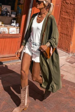 Discount Dear-Lover Lightweight Long Sleeve Open Front Duster Cardigan Green