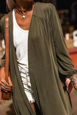 Discount Dear-Lover Lightweight Long Sleeve Open Front Duster Cardigan Green