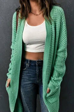 New Dear-Lover Long Line Open Front Knitted Cardigan with Pockets Green