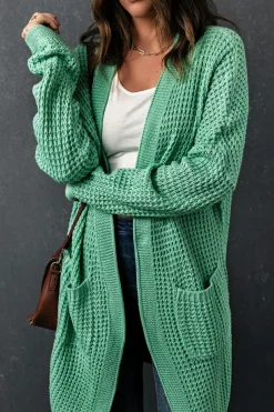 New Dear-Lover Long Line Open Front Knitted Cardigan with Pockets Green