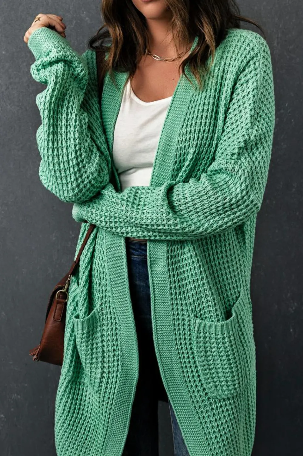 New Dear-Lover Long Line Open Front Knitted Cardigan with Pockets Green