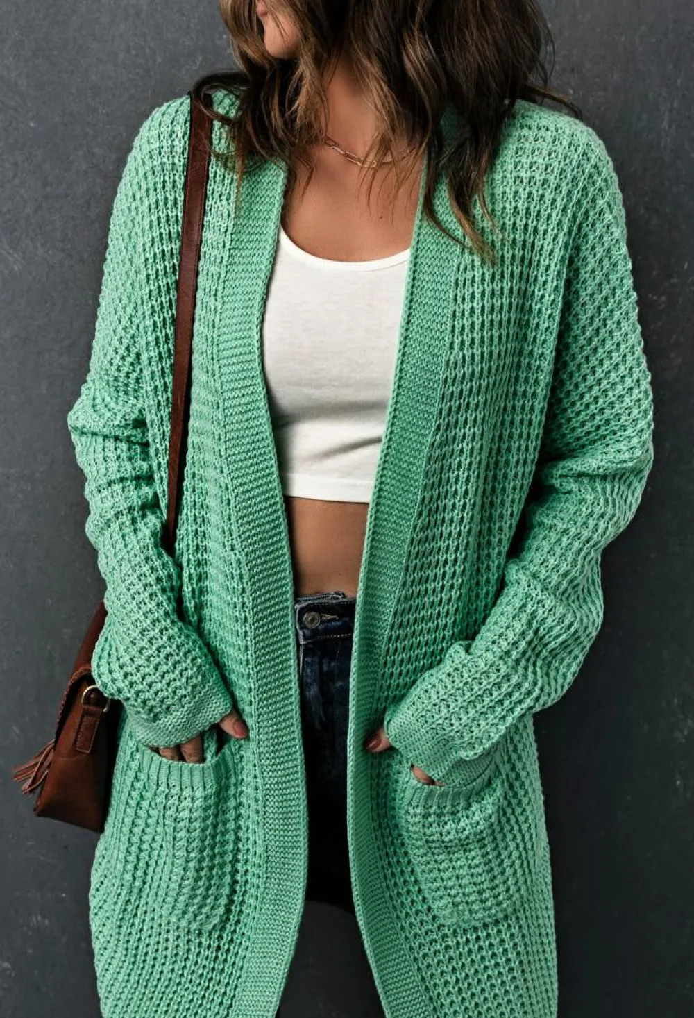 New Dear-Lover Long Line Open Front Knitted Cardigan with Pockets Green