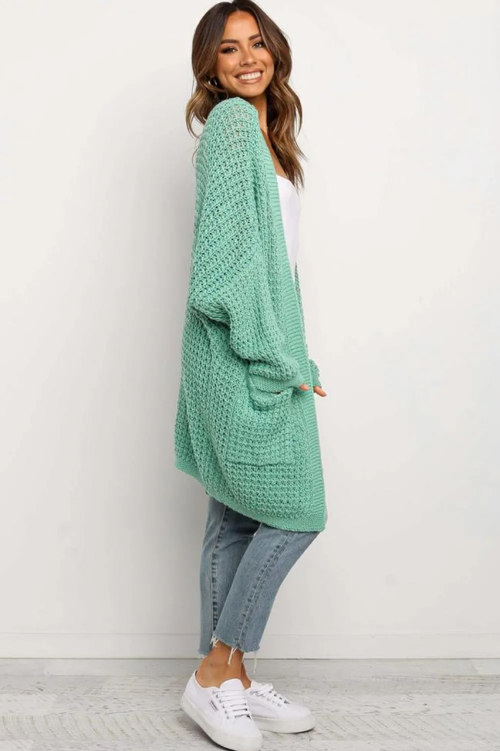 New Dear-Lover Long Line Open Front Knitted Cardigan with Pockets Green