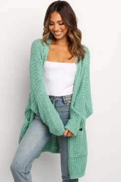 New Dear-Lover Long Line Open Front Knitted Cardigan with Pockets Green