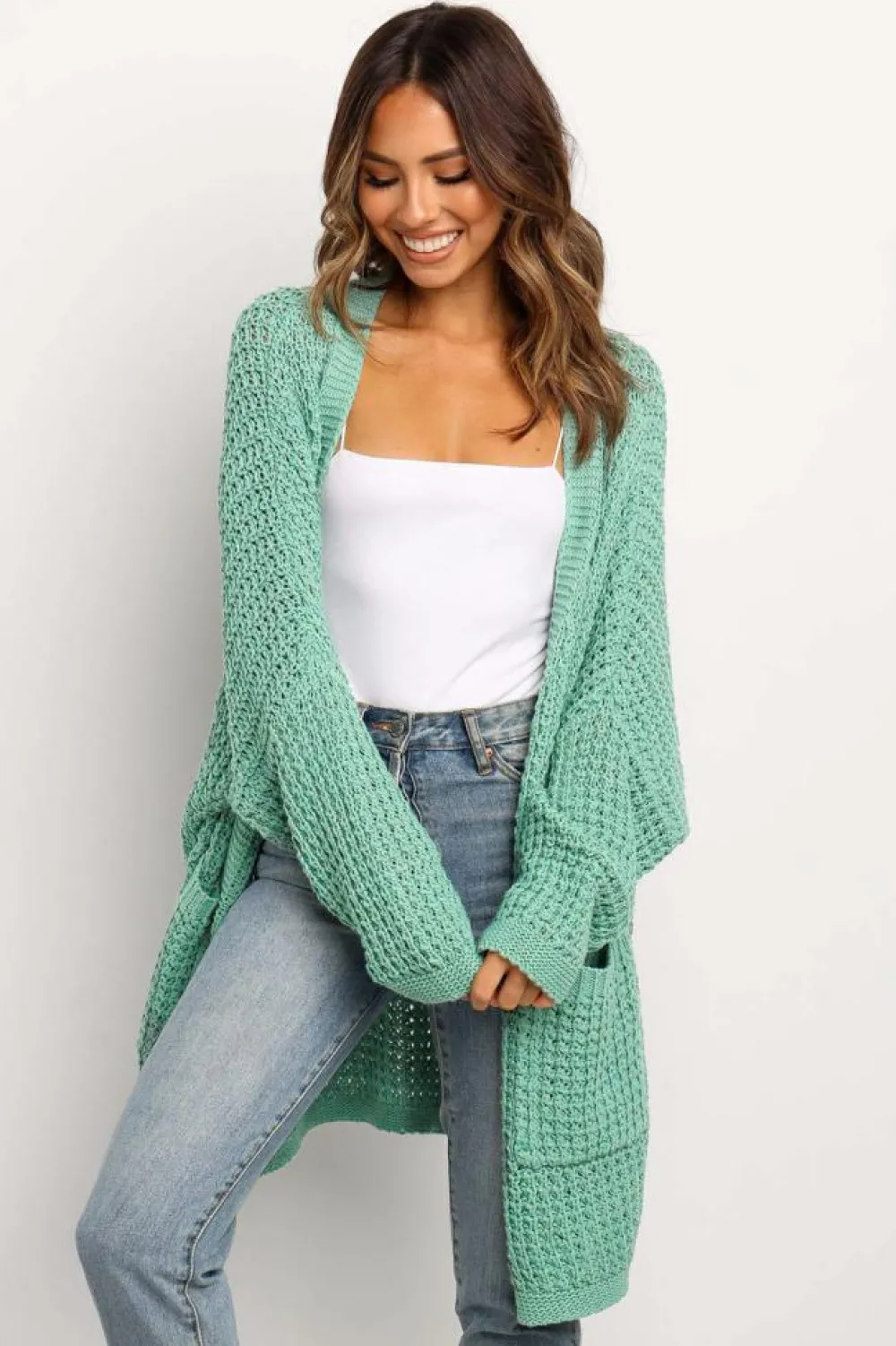 New Dear-Lover Long Line Open Front Knitted Cardigan with Pockets Green