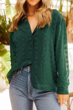 Fashion Dear-Lover Long Sleeve Button Fuzzy Polka Dot Shirt Green