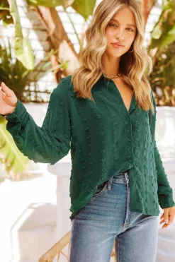 Fashion Dear-Lover Long Sleeve Button Fuzzy Polka Dot Shirt Green