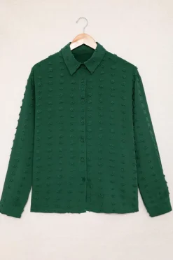 Fashion Dear-Lover Long Sleeve Button Fuzzy Polka Dot Shirt Green