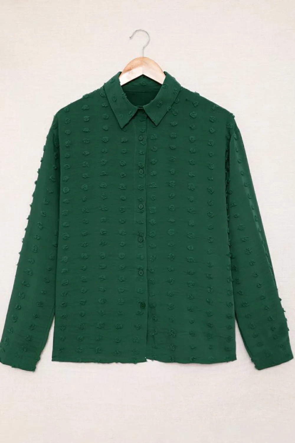 Fashion Dear-Lover Long Sleeve Button Fuzzy Polka Dot Shirt Green