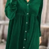 Outlet Dear-Lover Long Sleeve Ruffle Velvet Button Up Dress Green