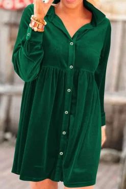 Outlet Dear-Lover Long Sleeve Ruffle Velvet Button Up Dress Green