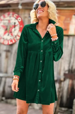 Outlet Dear-Lover Long Sleeve Ruffle Velvet Button Up Dress Green