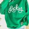 Online Dear-Lover LUCKY Aphabet Chenille Embroidered Pullover Sweatshirt Green