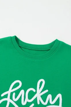 Online Dear-Lover LUCKY Aphabet Chenille Embroidered Pullover Sweatshirt Green