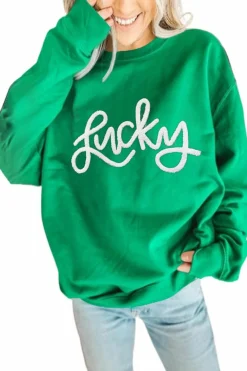 Online Dear-Lover LUCKY Aphabet Chenille Embroidered Pullover Sweatshirt Green
