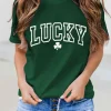 Online Dear-Lover LUCKY Clover Puff Print Round Neck Casual T Shirt Green