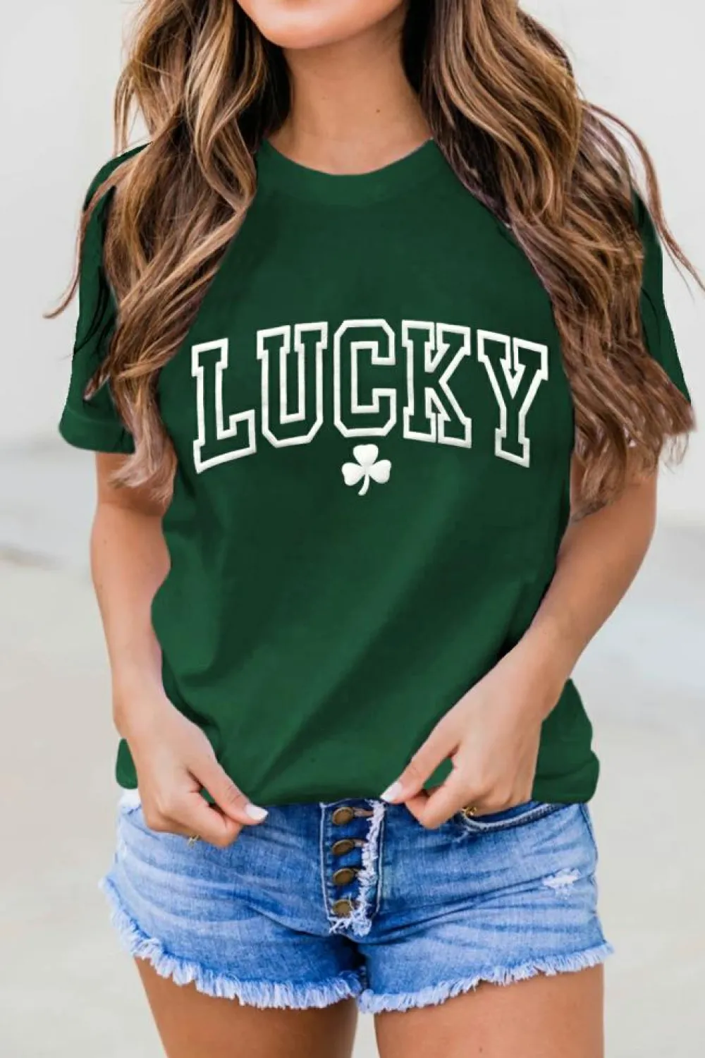 Online Dear-Lover LUCKY Clover Puff Print Round Neck Casual T Shirt Green