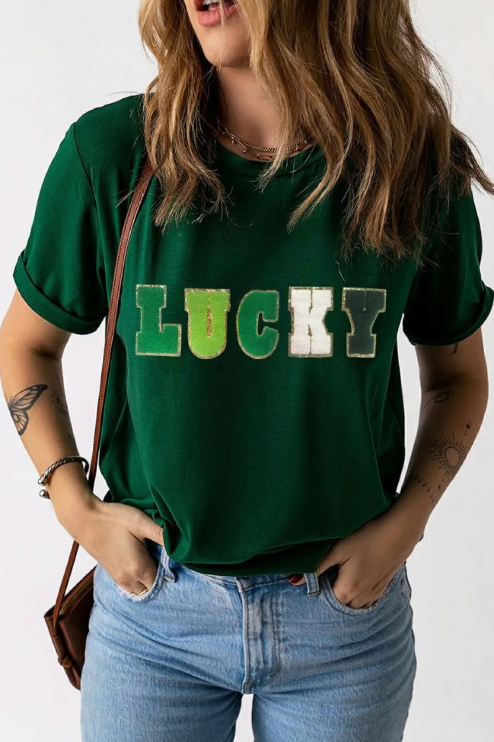 Online Dear-Lover LUCKY Glitter Chenille Patched Crew Neck T Shirt Green