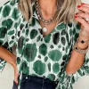 Clearance Dear-Lover Metallic Threading Accents Pleated Abstract Printed Ruffled 3/4 Sleeve Blouse Green