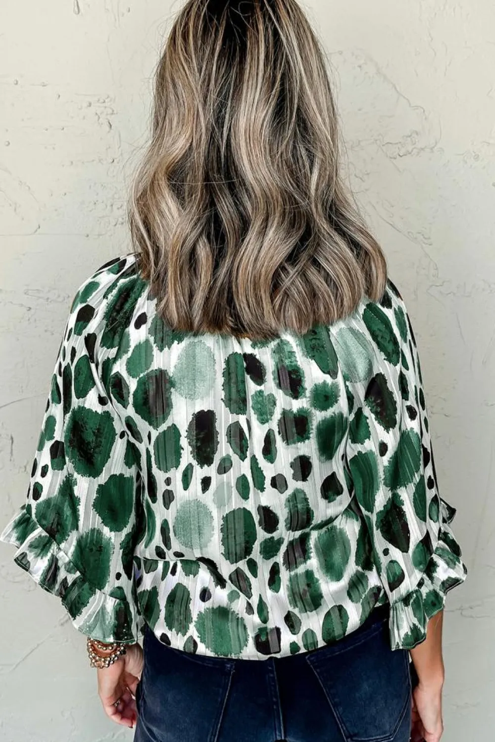 Clearance Dear-Lover Metallic Threading Accents Pleated Abstract Printed Ruffled 3/4 Sleeve Blouse Green
