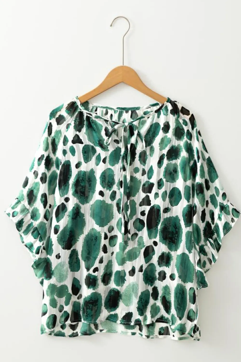 Clearance Dear-Lover Metallic Threading Accents Pleated Abstract Printed Ruffled 3/4 Sleeve Blouse Green